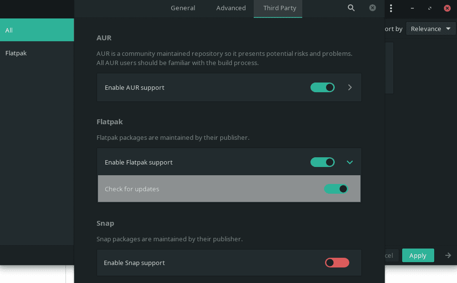 Enable Flatpak, AUR and Snap from Pamac on Manajro