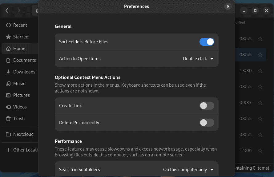 Fedora Gnome file manager settings