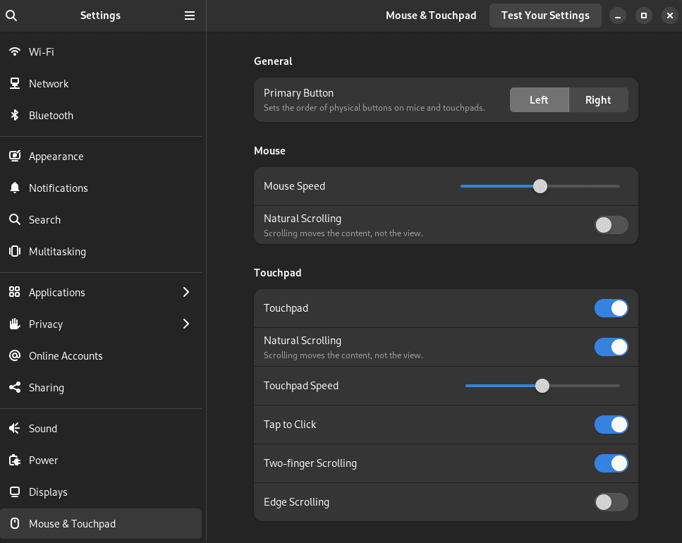 Fedora Gnome Trackpad Settings