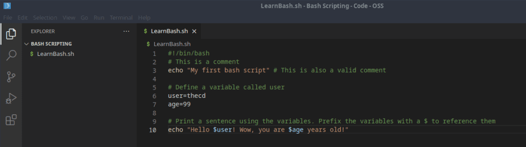 Example of variables in a bash script