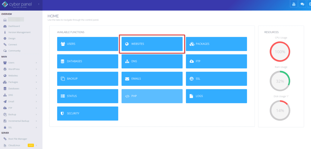 CyberPanel Dashboard Create a new Website