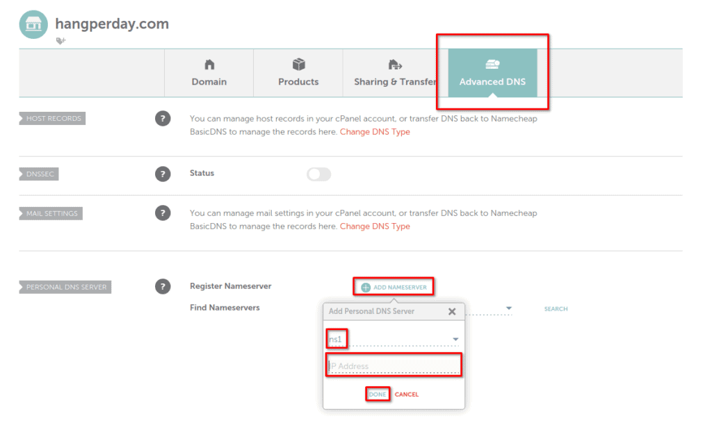 namecheap add nameserver host entries