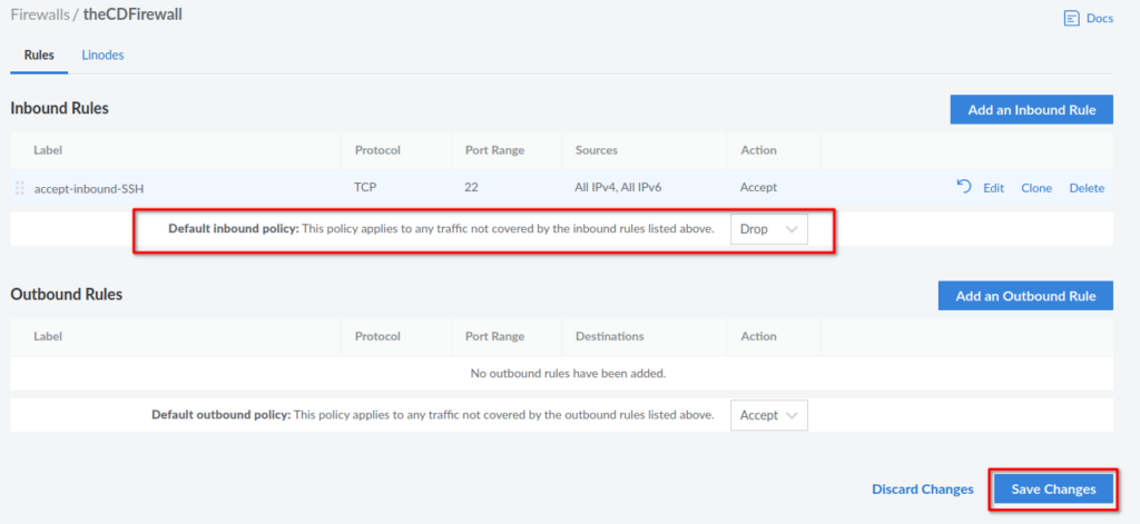 Linode default inbound firewall policy