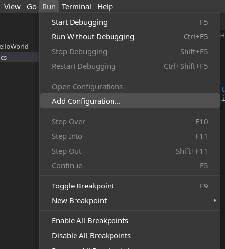 vscode add dot net configuration