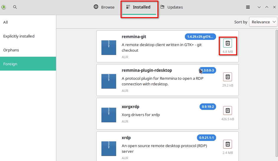Uninstall AUR app on Manjaro Linux using Pamac