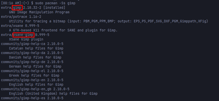 pacman software search terminal output for gimp