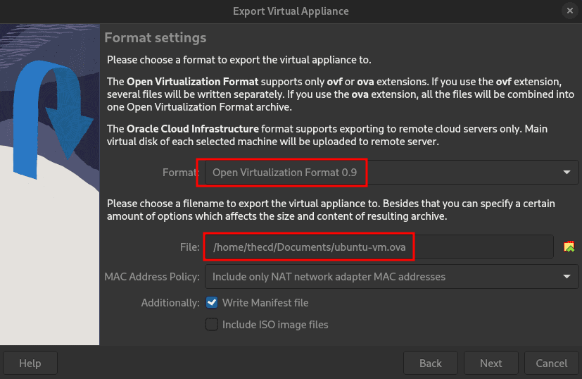 exporting vm in virtualbox