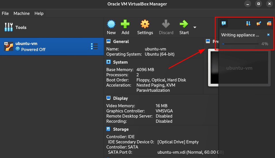 virtualbox vm export progress