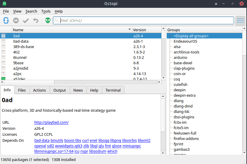 octopi gui package manager on endeavouros