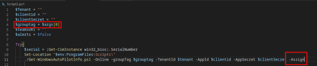 customized autopilot script for uploading hardware hash from task sequence