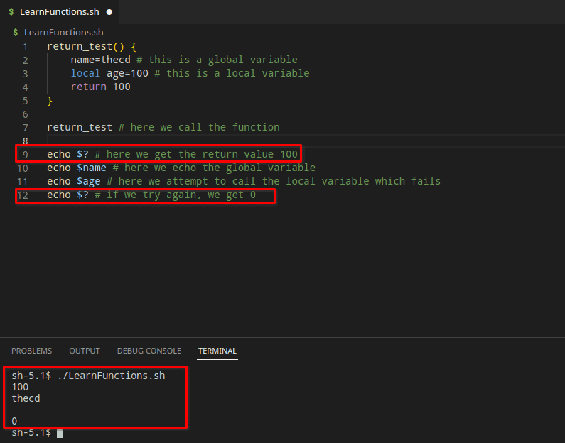 Using the return keyword in bash