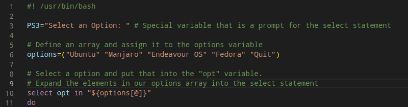 Use an array in our bash menu