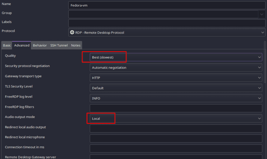 remmina remote sound and quality settings